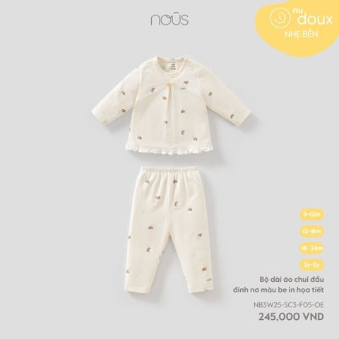 Bộ dài áo chui đầu đính nơ màu be in họa tiết Nous