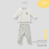 Bộ dài tay áo trắng phối quần ca rô ghi họa tiết Nous