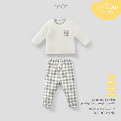 Bộ dài tay áo trắng phối quần ca rô ghi họa tiết Nous