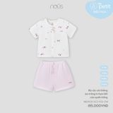 Bộ cộc cài thẳng áo trắng in họa tiết cáo quần hồng Nous