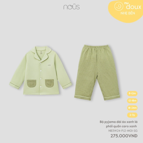 Bộ pijama dài áo xanh lá phối quần caro xanh Nous
