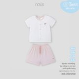 Bộ cộc cài thẳng áo trắng in con sóc phối quần hồng Nous