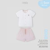 Bộ cộc cài thẳng áo trắng in con sóc phối quần hồng Nous