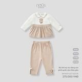 Bộ dài tay áo dáng xòe phối ca rô nâu thêu gấu Nous