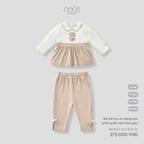 Bộ dài tay áo dáng xòe phối ca rô nâu thêu gấu Nous