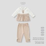 Bộ dài tay áo dáng xòe phối ca rô nâu thêu gấu Nous