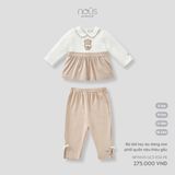 Bộ dài tay áo dáng xòe phối ca rô nâu thêu gấu Nous