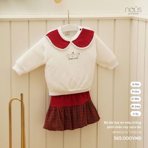 Bộ dài tay áo màu trắng phối chân váy caro đỏ Nous