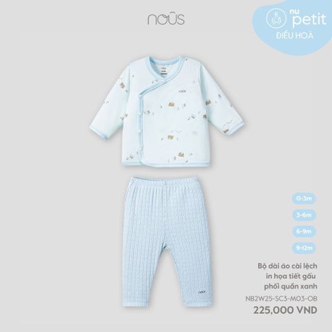 Bộ dài áo cài lệch in họa tiết gấu phối quần xanh Nous