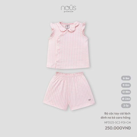 Bộ cộc tay cài lệch đính nơ kẻ caro hồng Nous NP3S25-SC2-F01-CM-6M