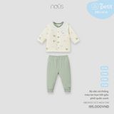 Bộ dài cài thẳng màu be họa tiết gấu phối quần xanh Nous