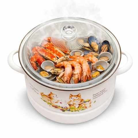 Nồi hấp tráng men Fujihoro KIT-24SM, nắp kính, hoa văn mèo, 6.1L