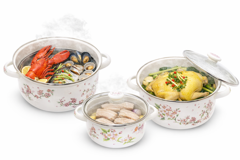 Bộ 3 nồi tráng men Fujihoro SYM-332G, hoa văn đào hồng, nắp kính - Chính hãng