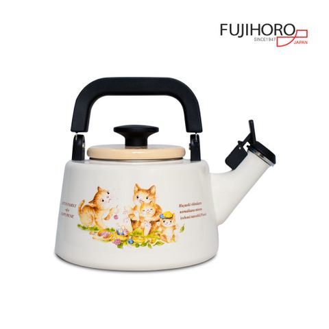 Ấm tráng men Fujihoro KIT-2.2WK, Tay cầm nhựa, hoa văn mèo, 2.1L - Chính hãng