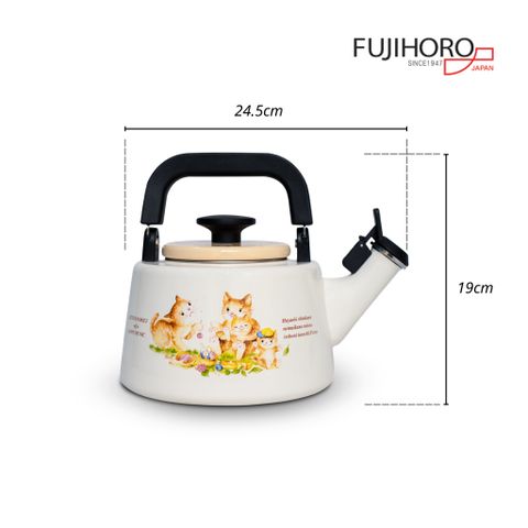 Ấm tráng men Fujihoro KIT-2.2WK, Tay cầm nhựa, hoa văn mèo, 2.1L - Chính hãng