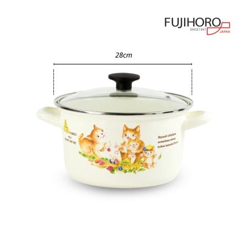 Nồi tráng men Fujihoro KIT-2.5G, nắp kính, hoa văn mèo, 2.5L