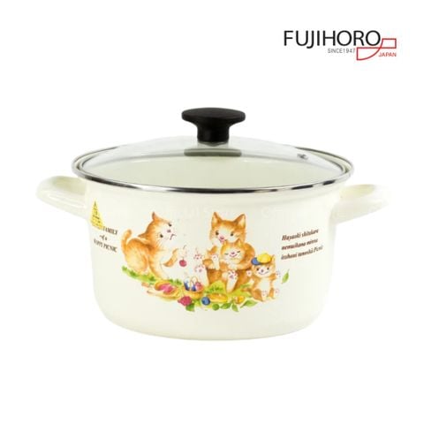 Nồi tráng men Fujihoro KIT-2.5G, nắp kính, hoa văn mèo, 2.5L