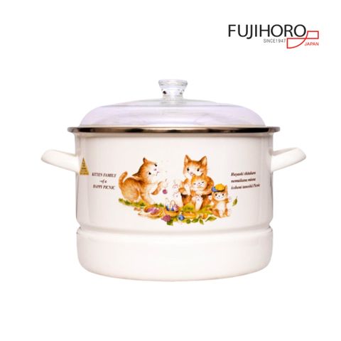 Nồi hấp tráng men Fujihoro KIT-24SM, nắp kính, hoa văn mèo, 6.1L
