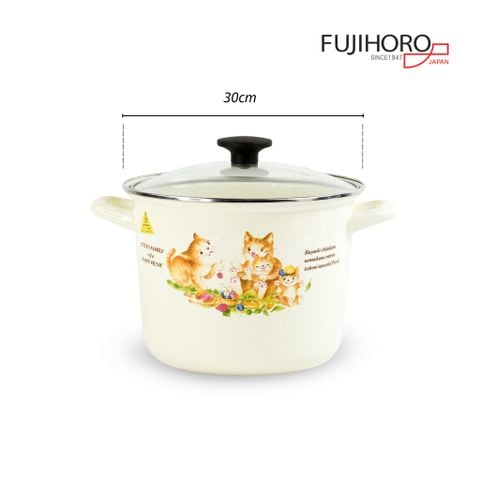 Nồi tráng men Fujihoro KIT-3.5G, nắp kính, hoa văn mèo, 3.5L