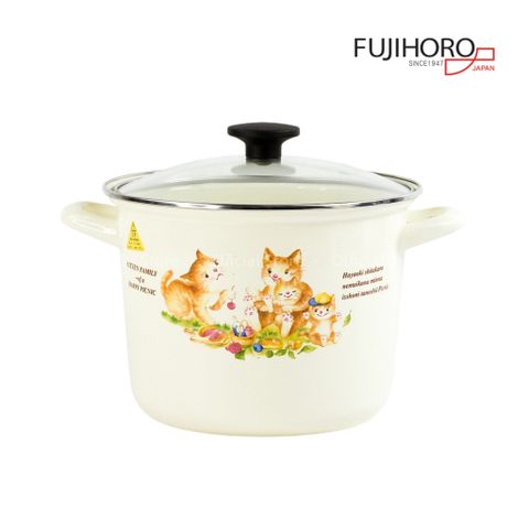 Nồi tráng men Fujihoro KIT-3.5G, nắp kính, hoa văn mèo, 3.5L