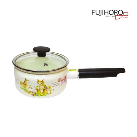 Nồi tay cầm tráng men Fujihoro KIT-300G 1.4 Lít , nắp kính, hoa văn mèo
