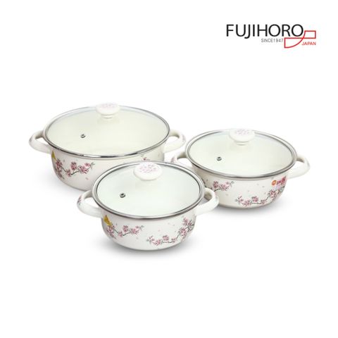 Bộ 3 nồi thép Nippon tráng men Fujihoro SKW-332G - Đào Tím Nắp Kính