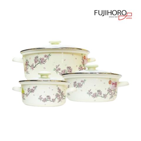 Bộ 3 nồi thép Nippon tráng men Fujihoro SKW-332G - Đào Tím Nắp Kính