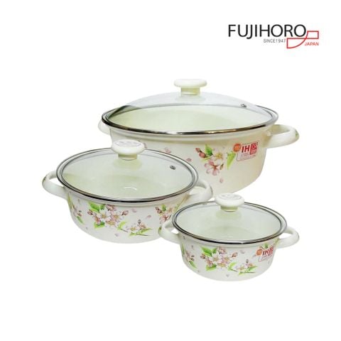 Bộ 3 nồi tráng men Fujihoro SYM-332G, hoa văn đào hồng, nắp kính - Chính hãng