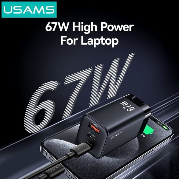 Củ Sạc Nhanh 2C+A USAMS CC272 / CC265 67W (GaN Charger, 3 Port, CC272 chân dẹp / CC265 chân tròn)