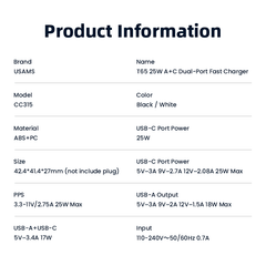 Củ Sạc Nhanh C+A USAMS CC315 25W (Trickle Charging Mode, Multiple Protection)