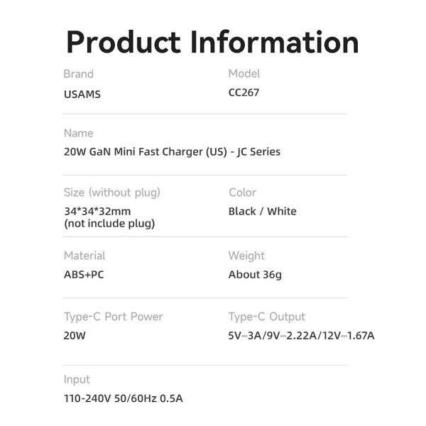 Củ Sạc Nhanh USAMS CC267 20W (GaN Charger)