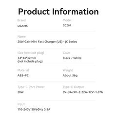 Củ Sạc Nhanh USAMS CC267 20W (GaN Charger)