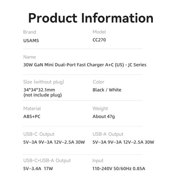 Củ Sạc Nhanh C+A USAMS CC270 30W (GaN Charger)