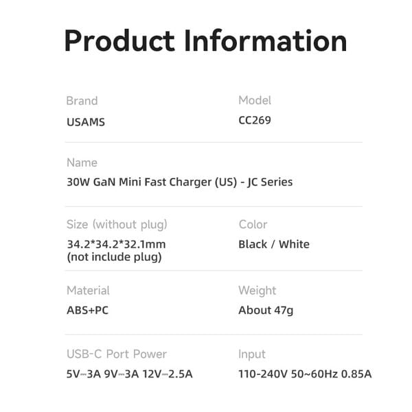 Củ Sạc Nhanh USAMS CC269 30W (GaN Charger)