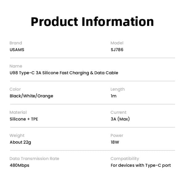 Cáp Sạc Nhanh USB to Type-C USAMS SJ786 U98 18W (3A, 1m, 480Mbps)