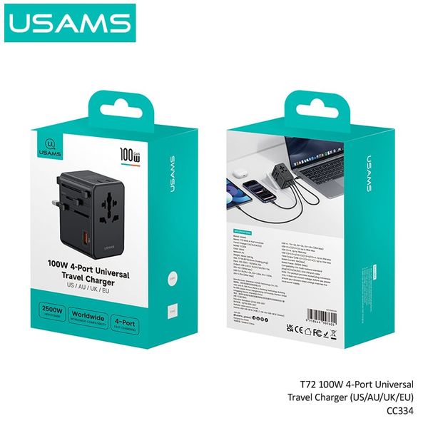 Củ Sạc Du Lịch Toàn Cầu Đa Năng USAMS CC334 T72 100W (3*Type-C + 1*USB-A ports, US/AU/UK/EU)
