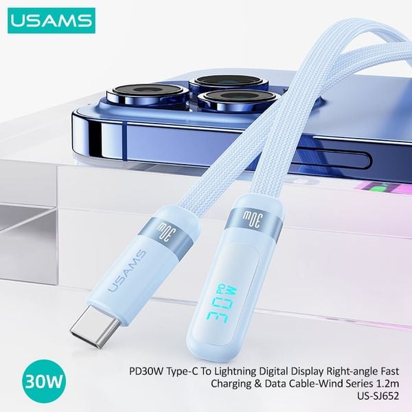 Cáp Sạc Nhanh C to Lightning USAMS SJ652 30W (Digital Display, 1.2m, 480Mbps, Right-angle cable)