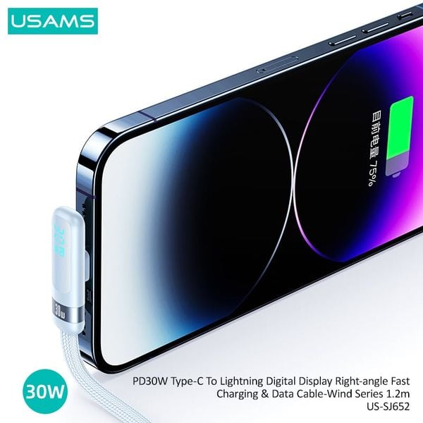Cáp Sạc Nhanh C to Lightning USAMS SJ652 30W (Digital Display, 1.2m, 480Mbps, Right-angle cable)