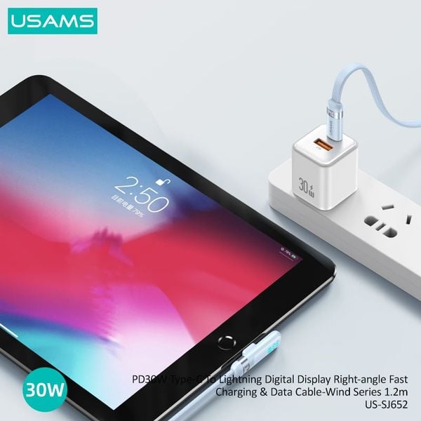 Cáp Sạc Nhanh C to Lightning USAMS SJ652 30W (Digital Display, 1.2m, 480Mbps, Right-angle cable)
