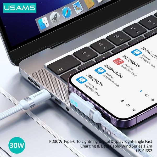 Cáp Sạc Nhanh C to Lightning USAMS SJ652 30W (Digital Display, 1.2m, 480Mbps, Right-angle cable)