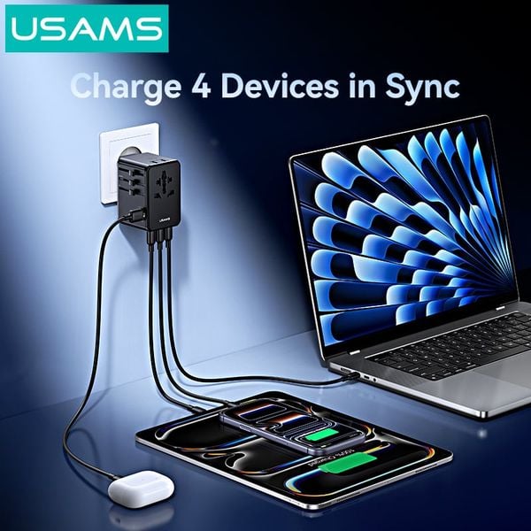 Củ Sạc Du Lịch Toàn Cầu Đa Năng USAMS CC334 T72 100W (3*Type-C + 1*USB-A ports, US/AU/UK/EU)