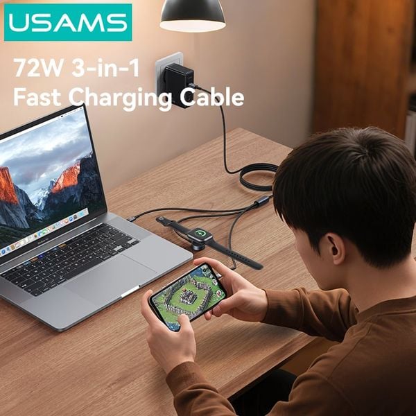 Cáp Sạc Nhanh C to 2C+Apple Watch Wireless Charger USAMS SJ785 72W (1.2m, 480Mbps)