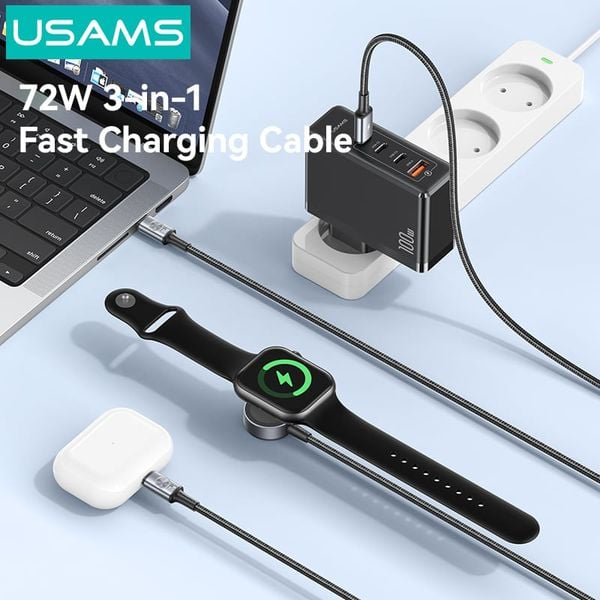 Cáp Sạc Nhanh C to 2C+Apple Watch Wireless Charger USAMS SJ785 72W (1.2m, 480Mbps)