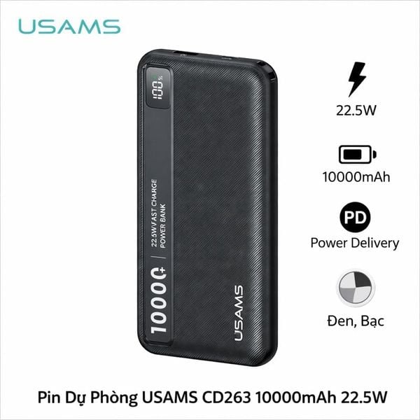 Pin Dự Phòng USAMS CD263 10000mAh 22.5W (1*Type-C + 1*USB-A port, Digital Display, 3C Certification)