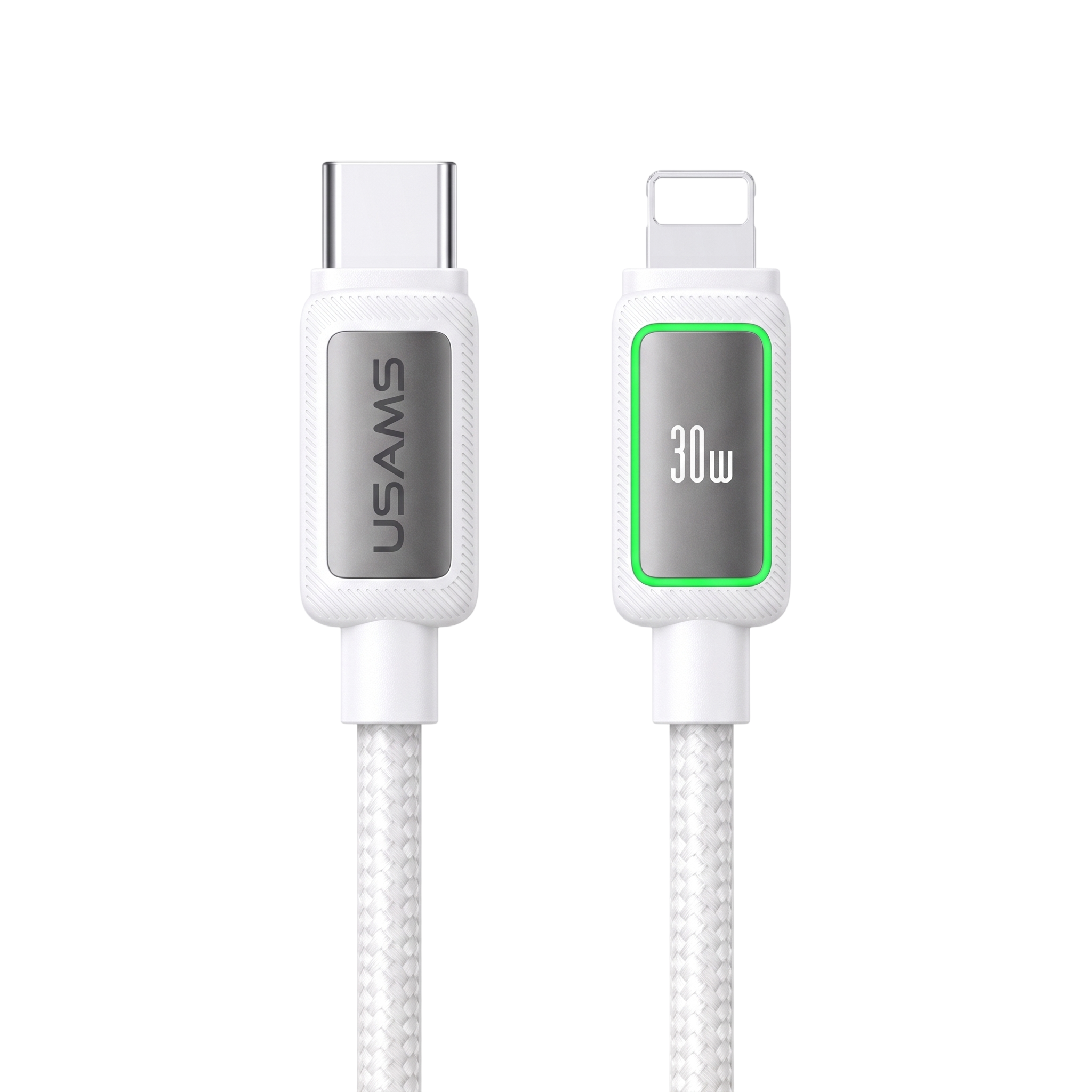 USAMS SJ816 U110 30W Al-Alloy Type-C to iP RGB Fast Charging & Data Cable 1.2M (SJ816USB02) - WHITE USAMS SJ816 U110 30W Al-Alloy Type-C to iP RGB Fast Charging & Data Cable 1.2M (SJ816USB02) - WHITE