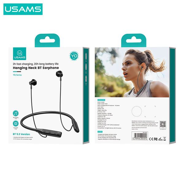 Tai Nghe Bluetooth Thể Thao USAMS YQ24 (Bluetooth v5.3, 20H, IPX5, Neckband Wireless Earphones)