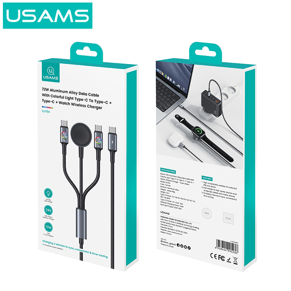 Cáp Sạc Nhanh C to 2C+Sạc Không Dây Cho Apple Watch 3-in-1 SJ754 72W (1.2m, Nylon Braided Cable)