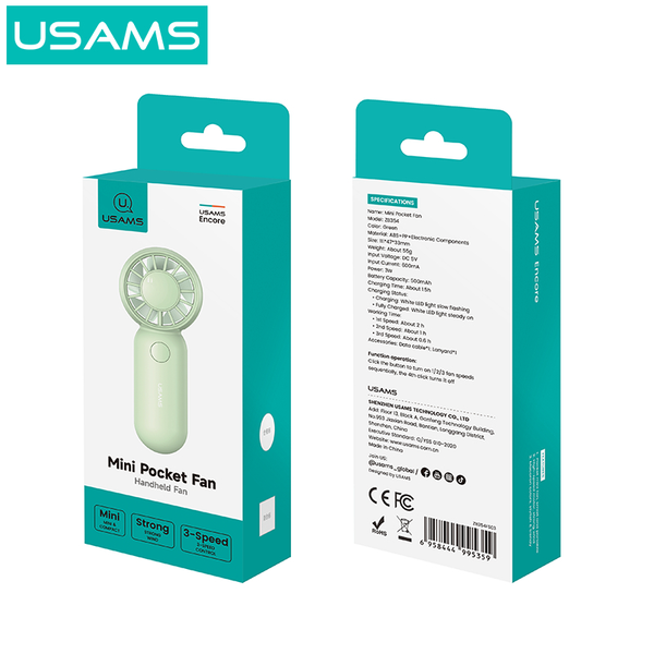 Quạt Mini Cầm Tay USAMS ZB354 3W (500mAh, 3 Speed Settings, 10400RPM, 2H)