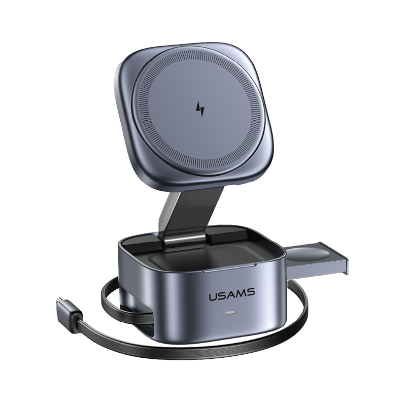 Đế Sạc Không Dây Để Bàn 3-in-1 USAMS CD257 15W (Qi2.0, With 70cm Type-C Built-in Retractable Cable 20W)