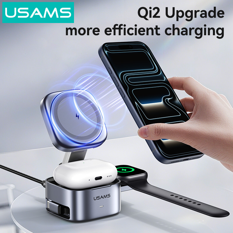 Đế Sạc Không Dây Để Bàn 3-in-1 USAMS CD257 15W (Qi2.0, With 70cm Type-C Built-in Retractable Cable 20W)
